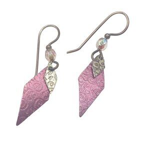 Sterling Silver Dangle Earrings Pink Brass Handmade AB Glass Beads Boho 1.5"